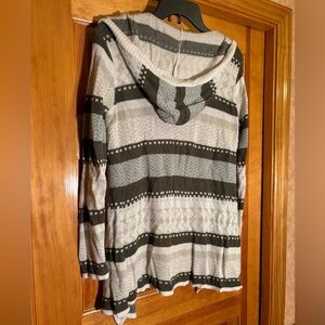 Olive green cream and gray striped hooded cardigan with Chevron print